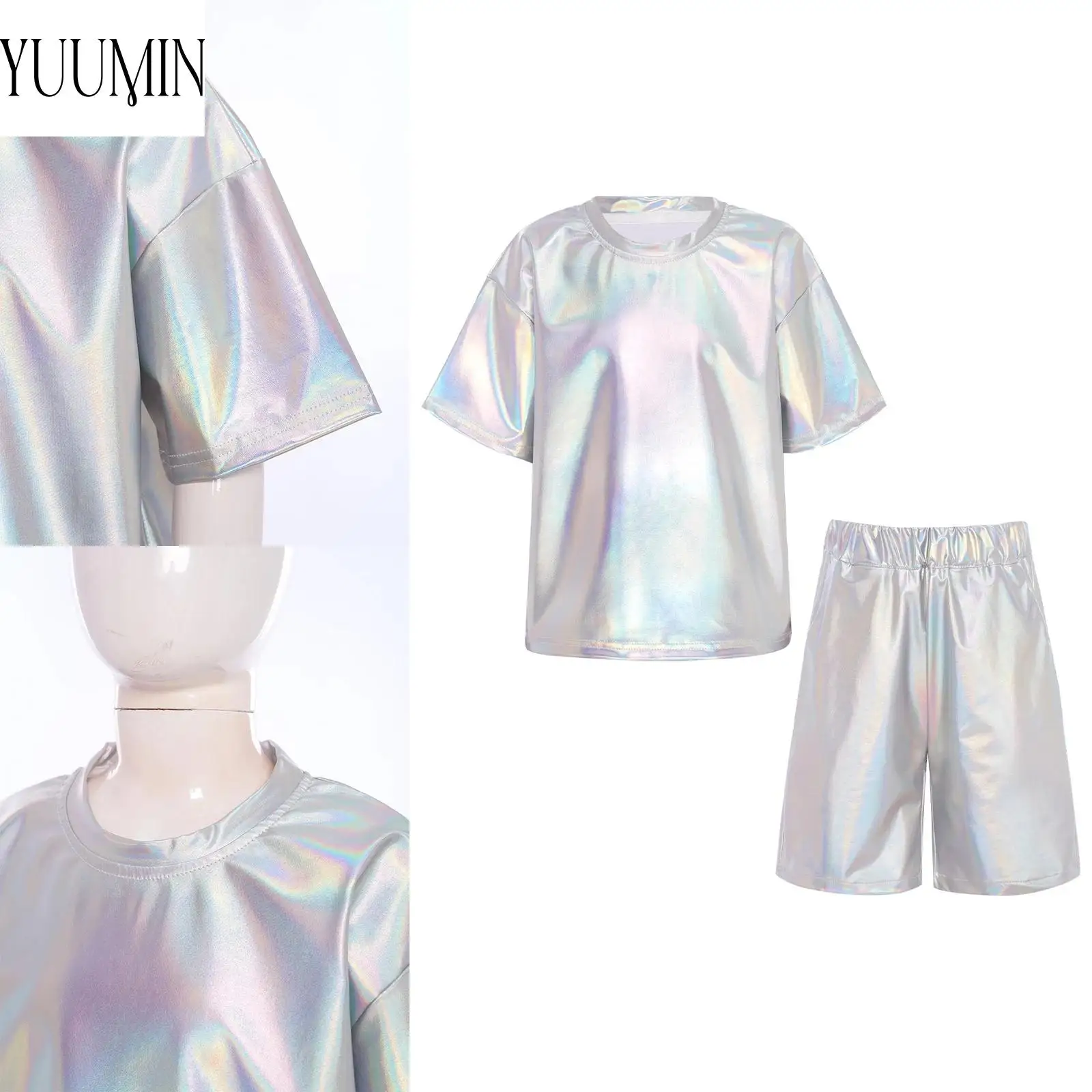 

Boys Breathable Hip-Hop Jazz Dance Outfits Short Sleeve Metallic T-shirt with Stretchy Shorts Kids Shiny Performance Dancewear