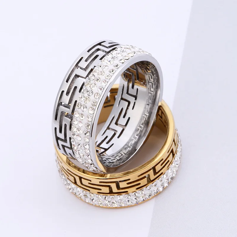 Cross-border Titanium Steel Ring Hollowed Out Great Wall Pattern Inset Diamond Small Luxury Stainless Steel Jewelry Couple Ring