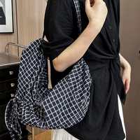 Korean Chessboard Grid Crossbody Shoulder Bag,Pleated Dumpling Large Tote Bag,Designer Vintage Drawstring Canvas Women Handbag