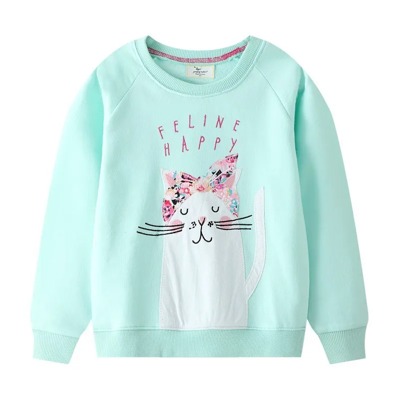 Jumping Meters Long Sleeve Autumn Spring Girls Sweatshirts With Cat Embroidery  Cotton Children\'s Clothing Hoodies Shirts