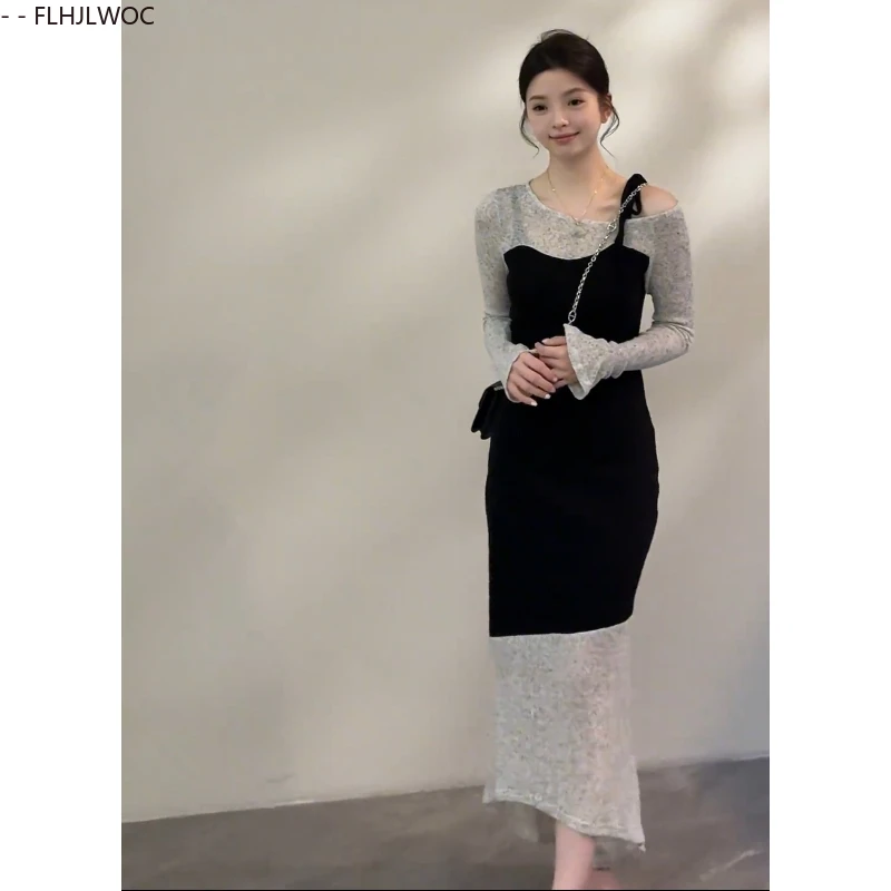 エレガントなフィッシュテールロングドレス 2025年秋新作 ファッション シックなフレンチスリムフィット トランペットスリット入りフェイクツーピース ボウタイ付きTシャツドレス