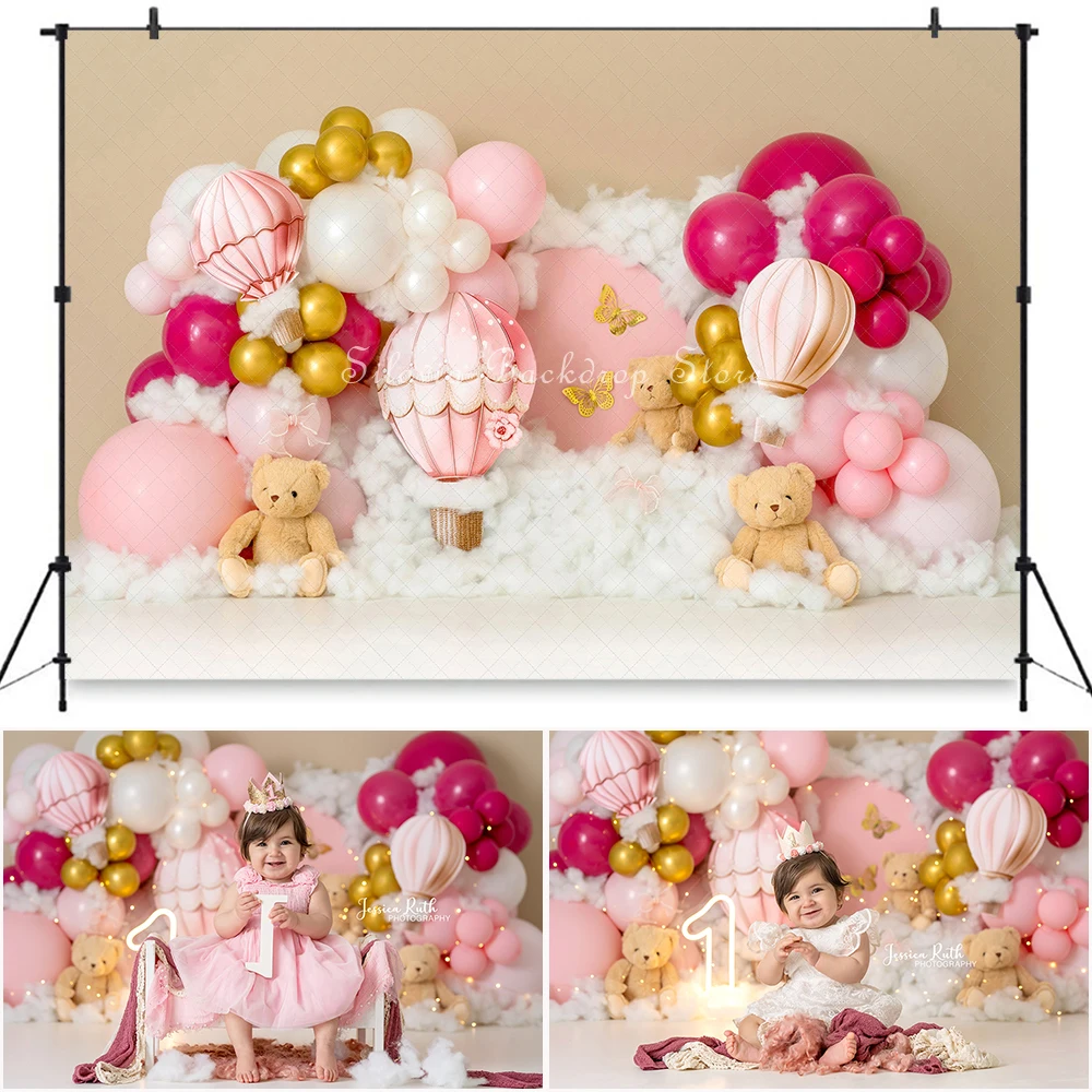 

Pink Hot Air Balloon Photo Background Girl Birthday Cake Smash Photography Backdrop Butterfly Toys Kids Photo Studio Props