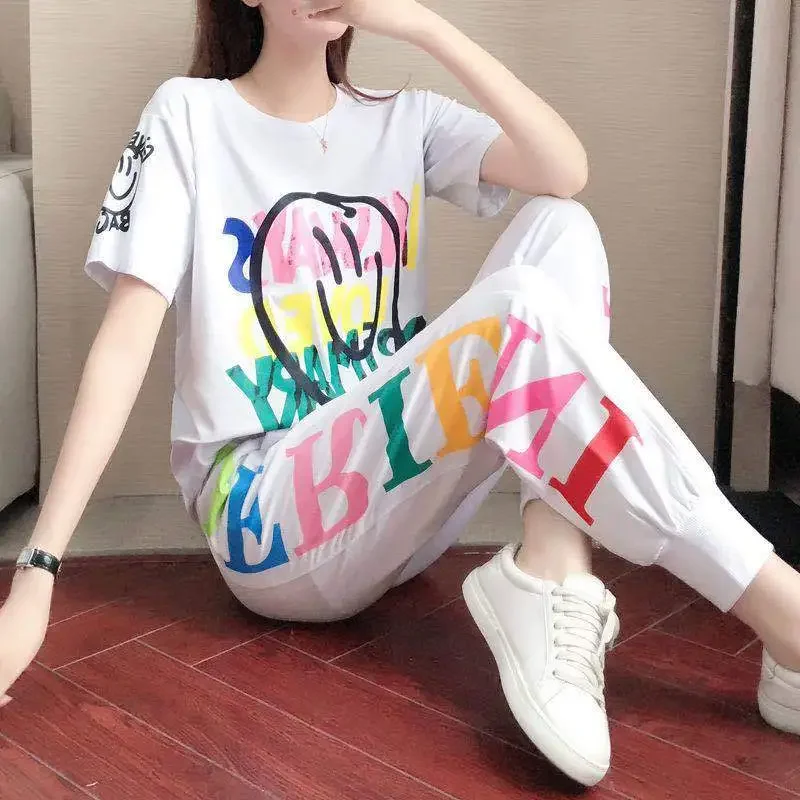 Women\'s 2025 Spring Summer New Casual Sports Suit Short Sleeved Printed T Shirt And Harem Pants Two Piece Set For Women Clothing