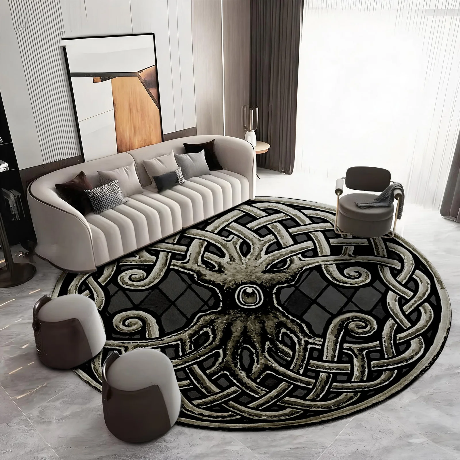 Round Bohemian Moroccan Area Rug Black and White Geometric Interlocking Pattern Living Room Decor Floor Mat Boho Chic Carpet Acc