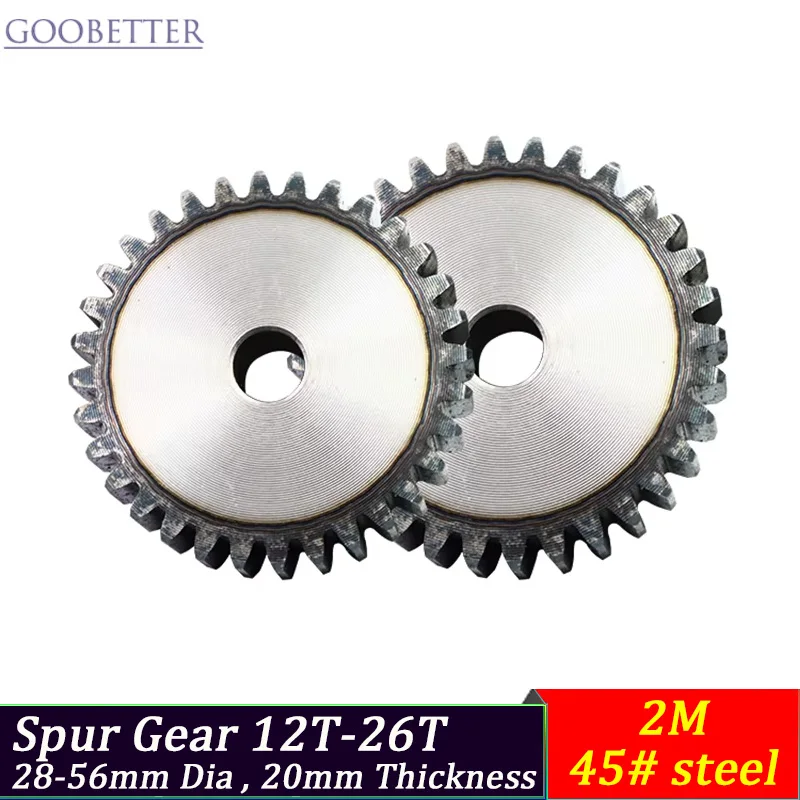 Flat Gear 2M Spur Gear 12-26T 28-56mm Dia 20mm Thickness Precision Drilled Hole | 45# Steel Industrial Transmission Parts