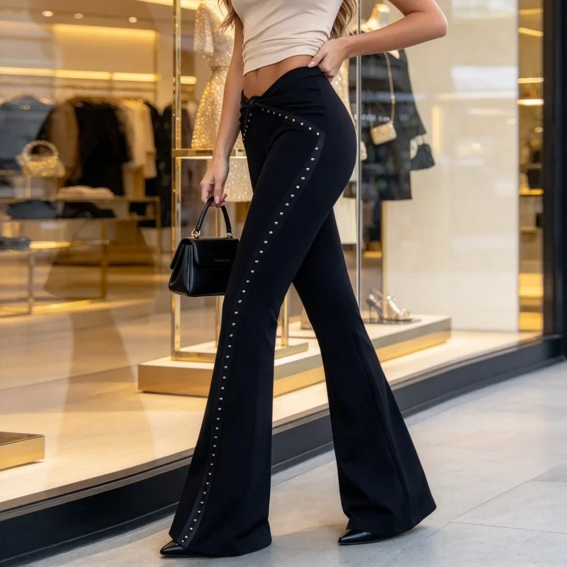 Street Fashion Buckle Design Elastic Micro Flared Knitted Pants Women Elegant Slim-Fitting Low Waist Black Trousers Chic Bottoms