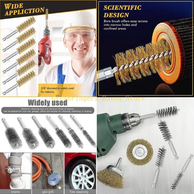 

F68D 6 Pieces Bore Brush Bronze Bore Brush for Cleaning Steel Parts Machinery Steel Wire Hole Brush Set Multifunctional