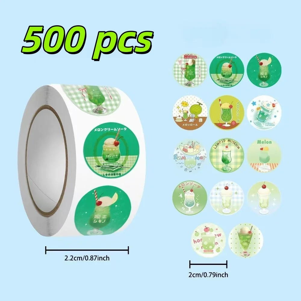 500Pcs Ins Summer Melon Soda Round Roll Stickers Vintage Showa Cartoon Self Adhesive Packaging Seal Decorative Labels