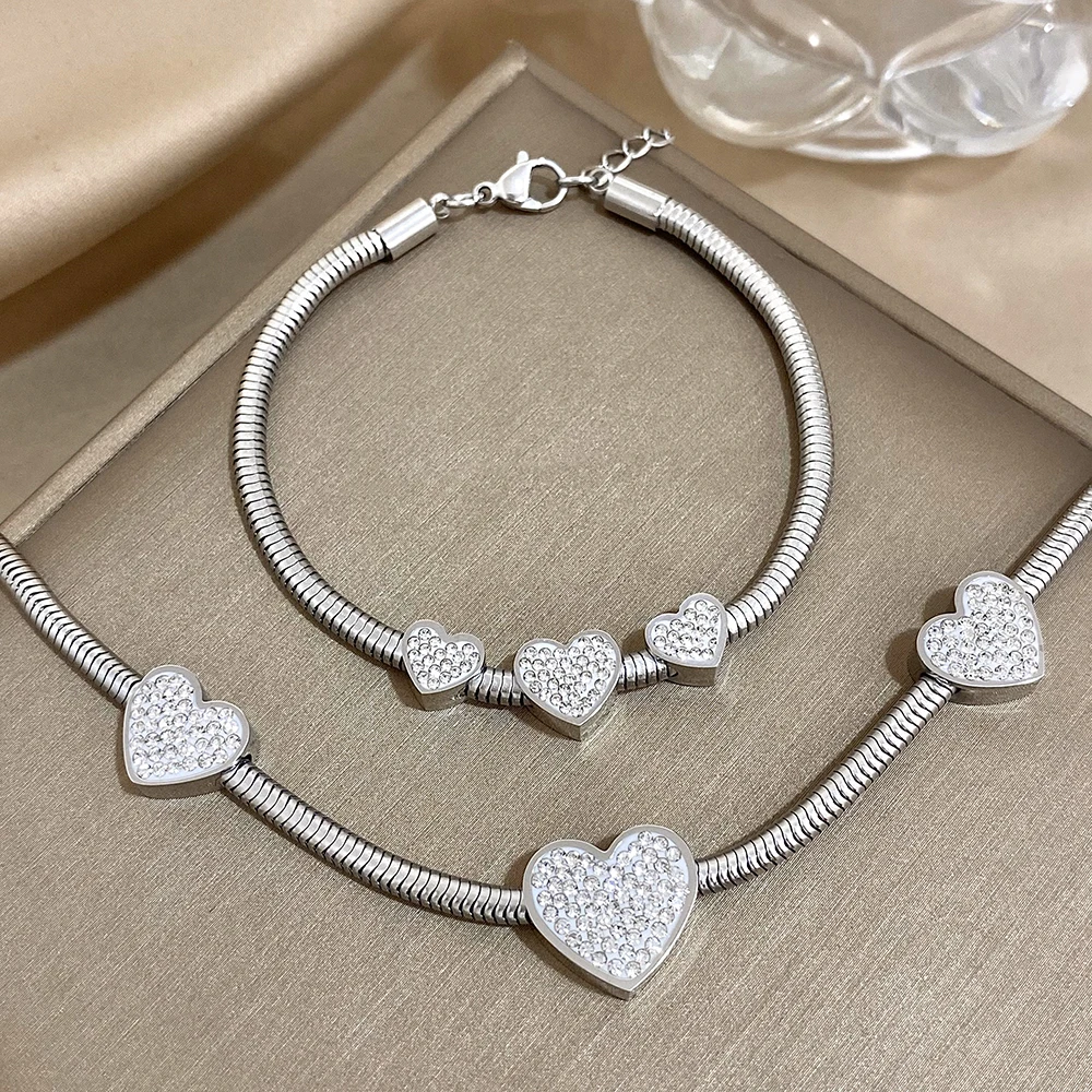 Trend Stainless Steel Shiny Inlaid Rhinestone Charm Love Heart Pendant Necklace Bracelet For Women Snake Bone Chain Jewelry Set