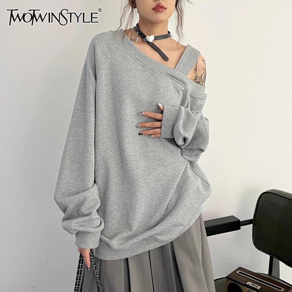 TWOTWINSTYLE Solid Casual Sweatershirts For Women Irregular Collar Long Sleeve Patchwork Folds Loose Sweatershirt Female Clothes