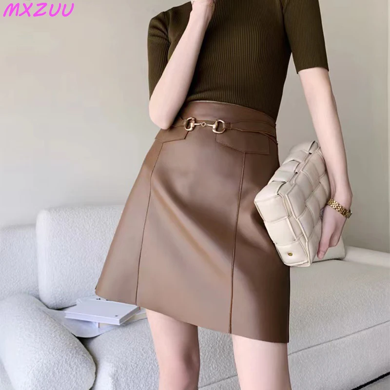 Harajuku Sheepskin Skirts Women’s High Quality White/Pink Leather Skirt Faldas Mujer Moda Chain High Waist Wrap Hip A-line Gonne