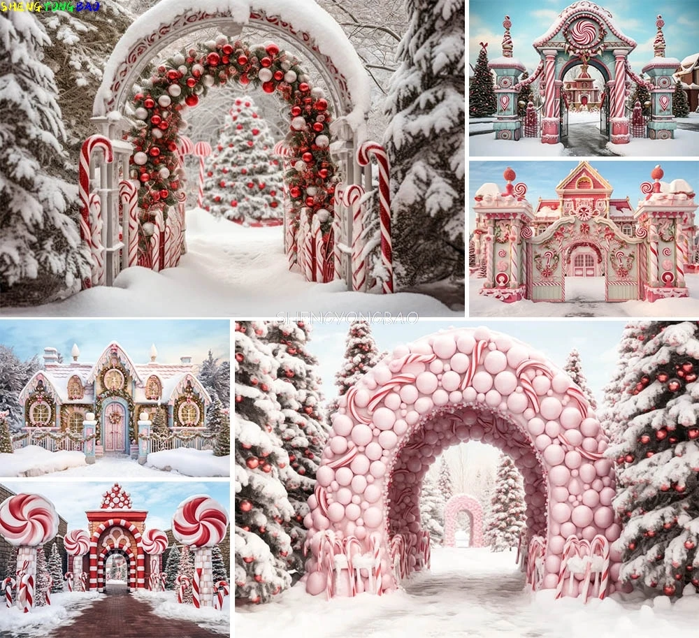 

Christmas Day Digital Photography Backdrops Charming Sweet Candycane Castle Fantasy Snow Kids Photo Studio Background CX-01