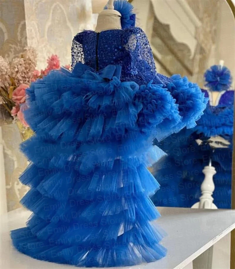 Customized Royal Blue Flower Girl Dress For Wedding Layered Feather Tulle Sequins Kids With Bow Birthday First Communion Gown