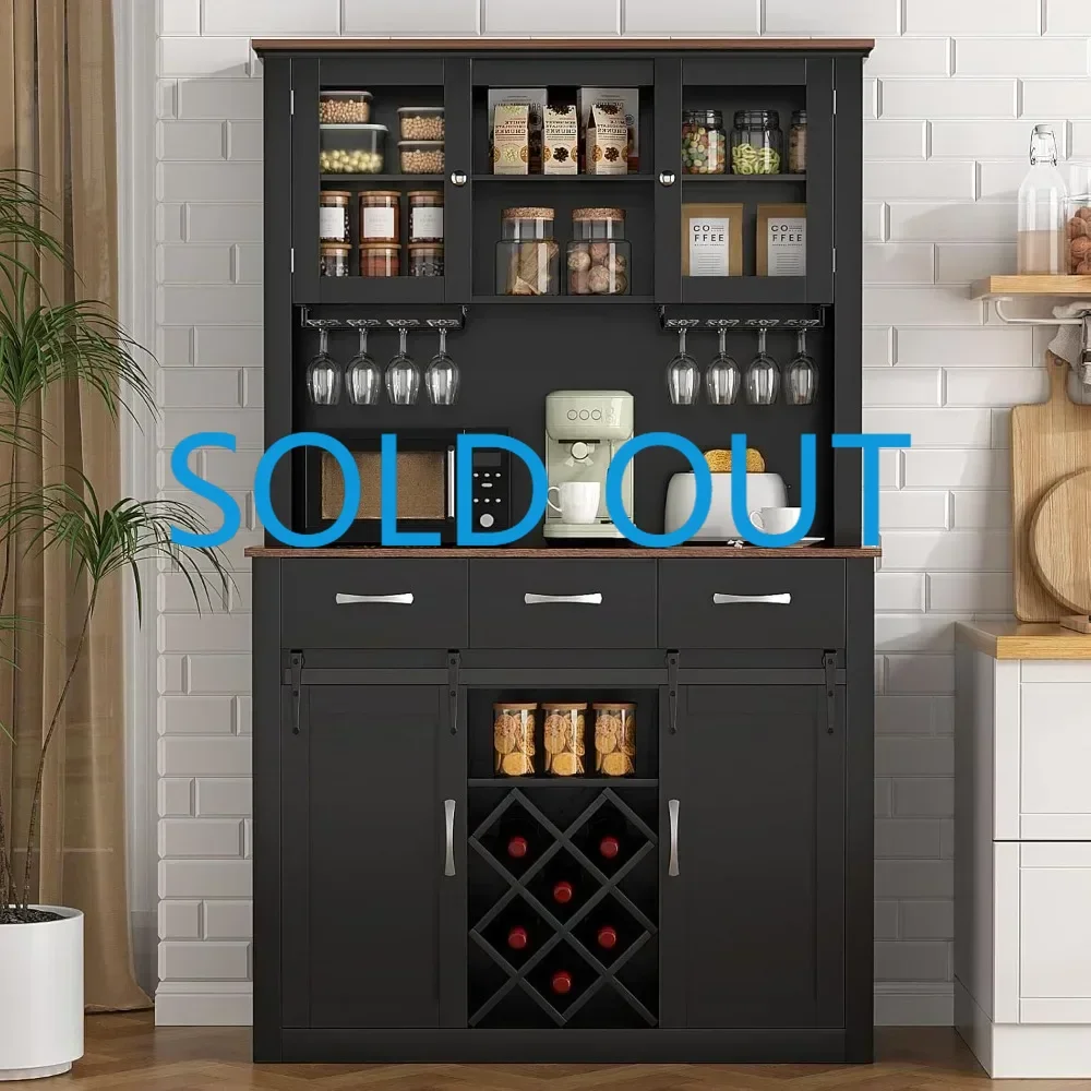 

72" Bar Cabinet with Sliding Barn Doors, Kitchen Pantry Storage Cabinet with Wine&Glass Racks, Hutch Buffet Cabinet with Drawers