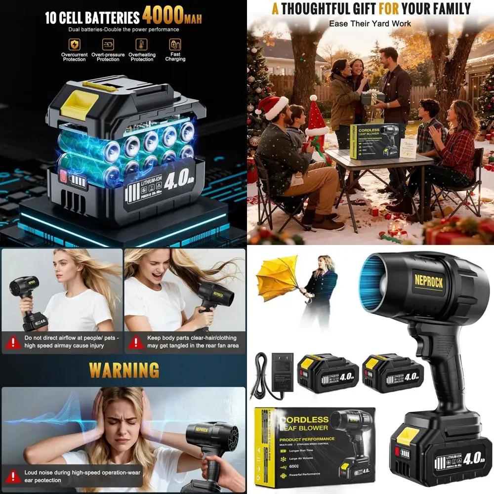 

Легкий аккумуляторный вентилятор для листьев 600000 об/мин с аккумуляторами емкостью 2x4,0 Ач и зарядным устройством, 650 куб. футов в минуту для ухода за патио и лужайкой, идеальное рождество