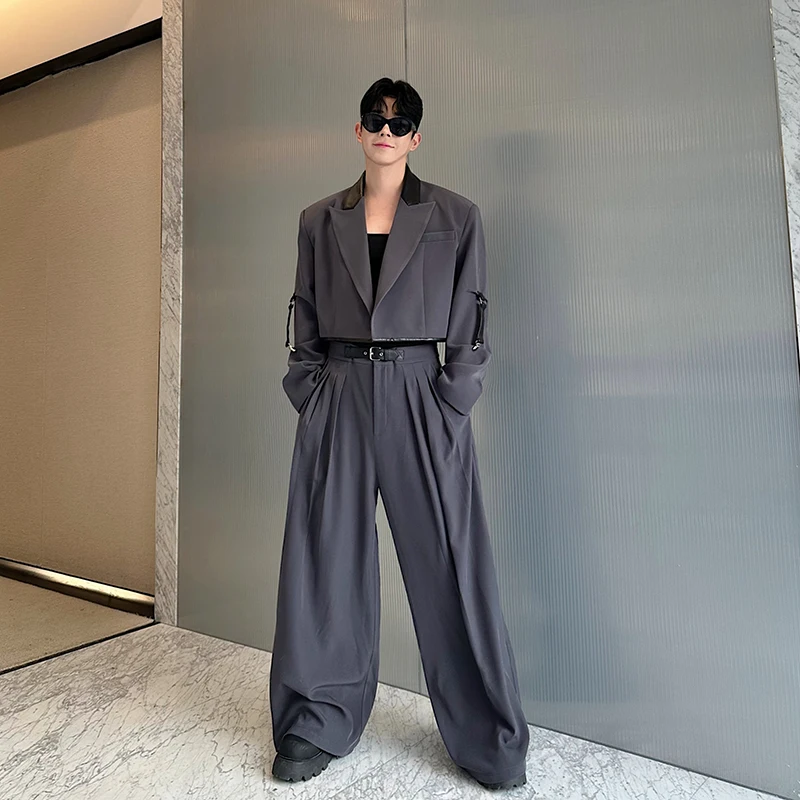 Spring Season Casual Color Block Leather Design Short Suit Two Piece Set Drapey Wide Leg Pants Trendy And Handsome