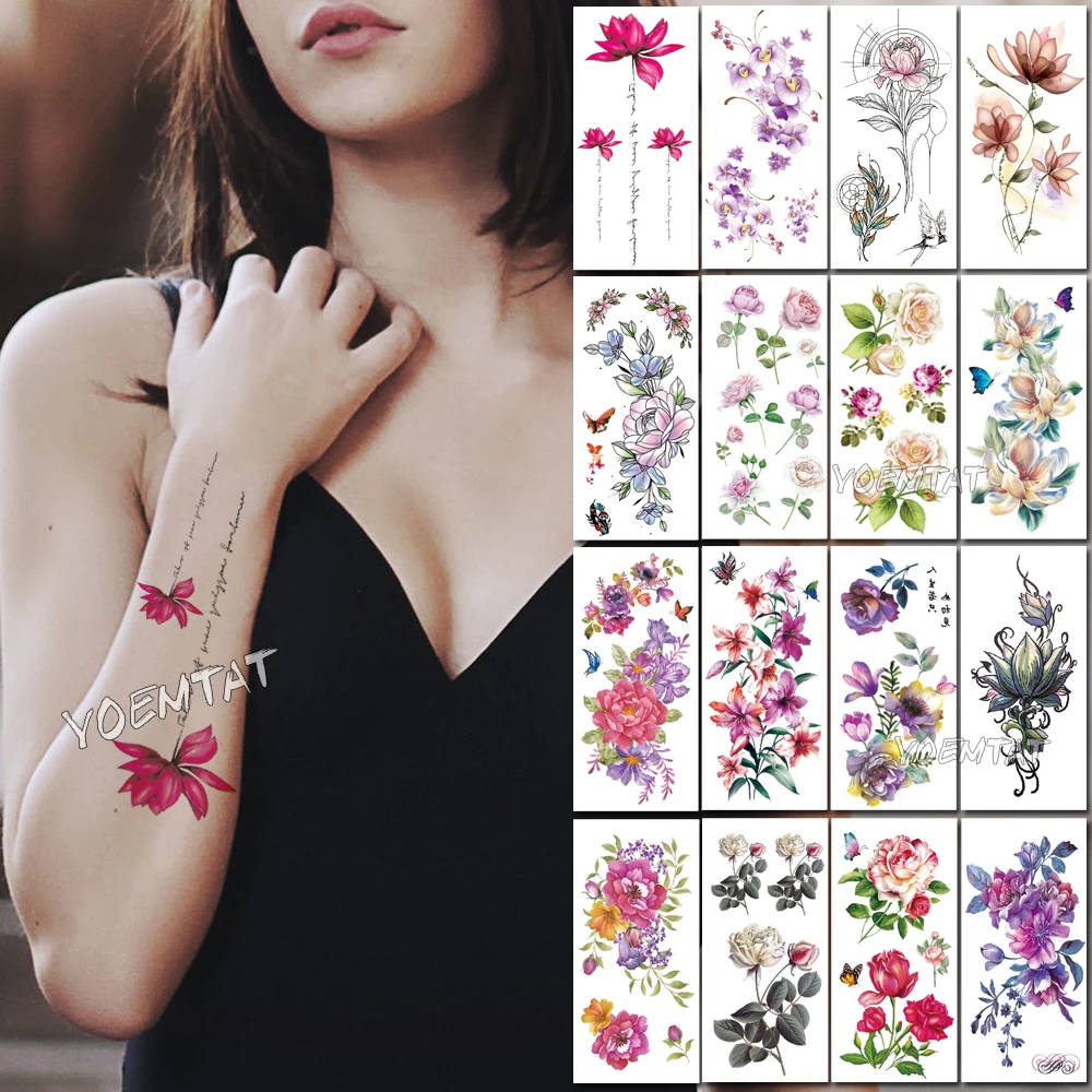 

Temporary Tattoo Sticker Flower Arm Transfer Tattoo Waterproof Body Bride Sexy And Lifelike Color Art Fake Women Flash Tattoos