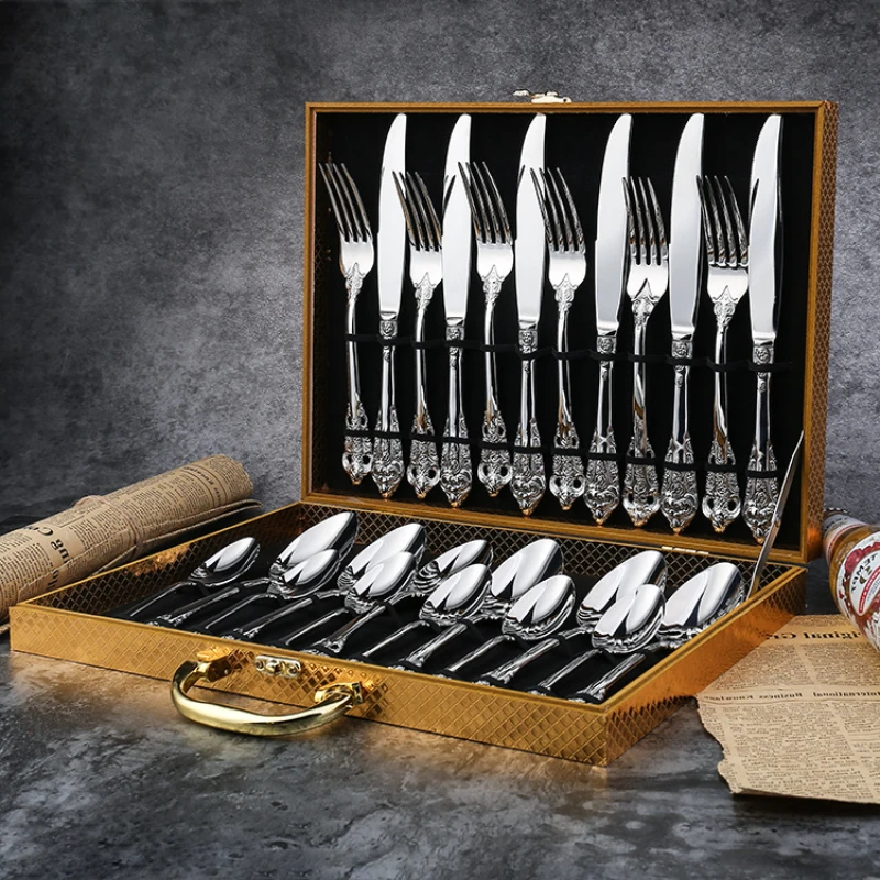 24-piece gift box non-magnetic light banquet Western tableware stainless steel knife and fork set/golden retro gift relief retro