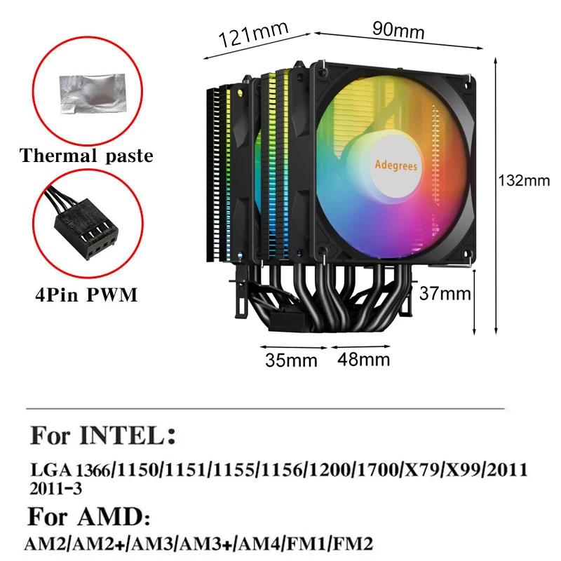 CPU Cooler 6 Heat Pipes 4Pin PC Procesor Tower Air Cooler for Intel LGA 1700 1200 1150 1151 1155 2011 X79 X99 1366 AM3 AM4 AM5