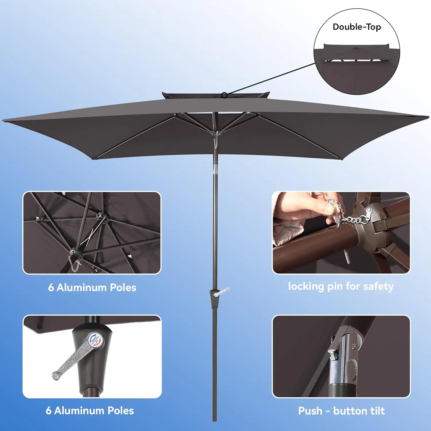 6.6x10ft Rectangle Patio Umbrellas 2 Tiers Outdoor Table Umbrella with Push Button Tilt and Crank for Pool, Backyard