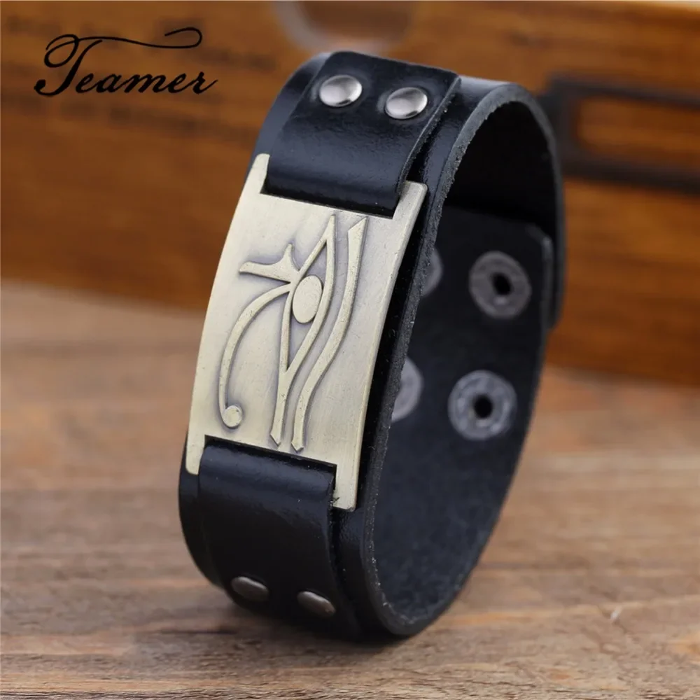 Teamer Egyptian Eye of Horus Genuine Leather Bracelet Men Vintage Religious Egypt Pharaoh King Amulet Wrist Wrap Jewelry Gifts