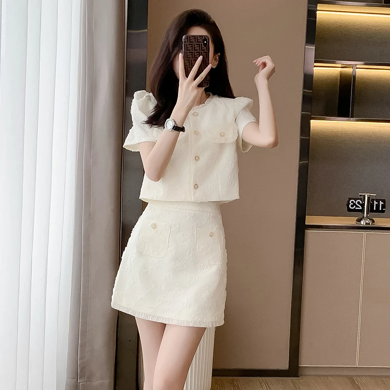 

Chic Style Fashion Set for Women Summer New High-End Small Dress Elegant Socialite Jacquard Top and Short Skirt Two-Piece Set