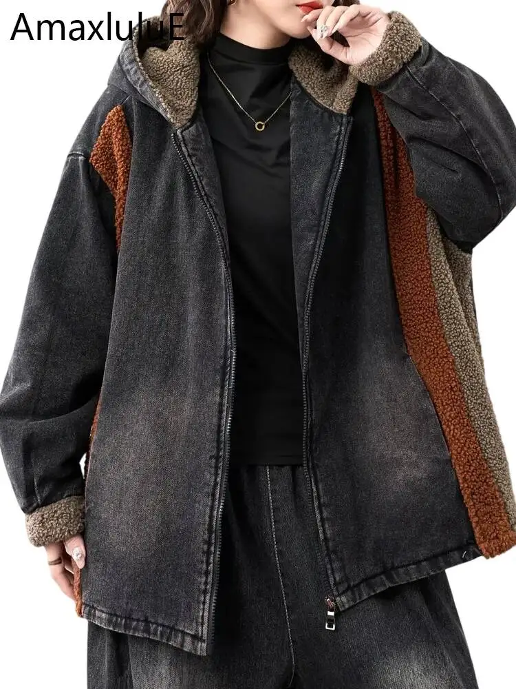

Amax LuluE зимние винтажные стеганые куртки женские модные свободные джинсовые хлопковые парки с капюшоном женские теплые утепленные меховые пальто для отдыха