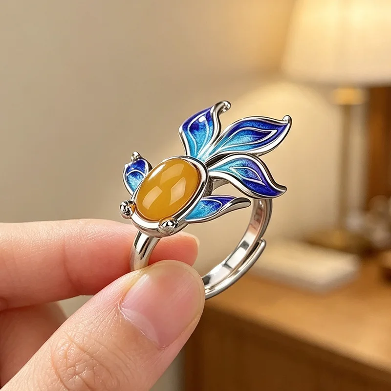 PANJBJ 925 Sterling Silver Koi Fish Ring for Women Vintage Yellow Jade Tail Irregular Ethnic Adjustable Jewelry Gift Wholesale