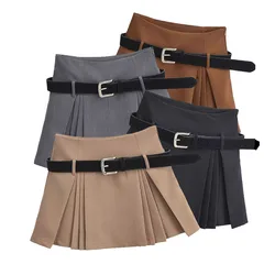 Side Pleated Short Skirts Women y2k Mini Skirt Black Harajuku preppy Casual Slim A-line Kawaii Skirts With Inner Shorts and Belt
