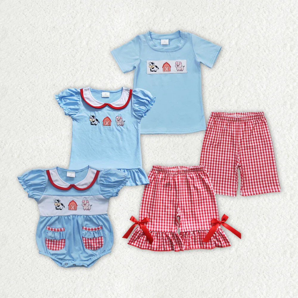 

BSSO0181 Wholesale Summer baby boy clothes Embroidered Farm Cow Pig Blue Short Sleeve Shorts Set Boutique kids clothes boys sets