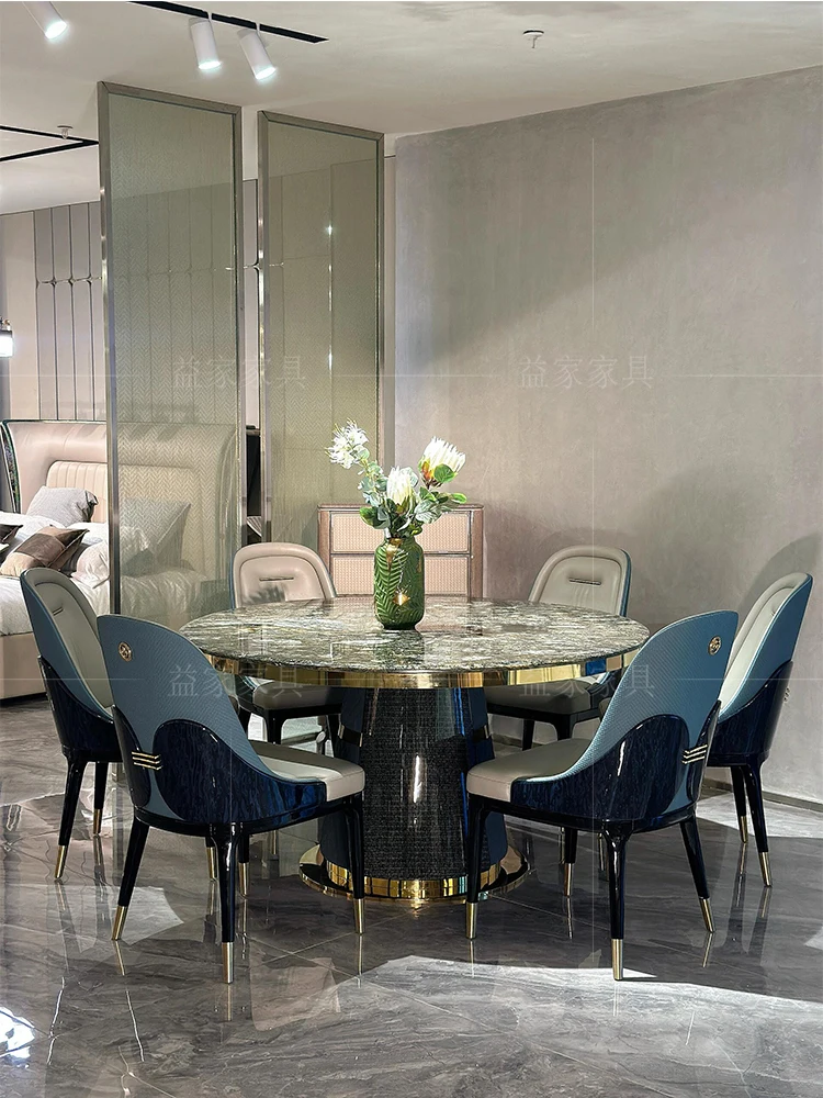 Italian light luxury natural | platinum diamond marble round table and chair with turntable high-end villa furniture