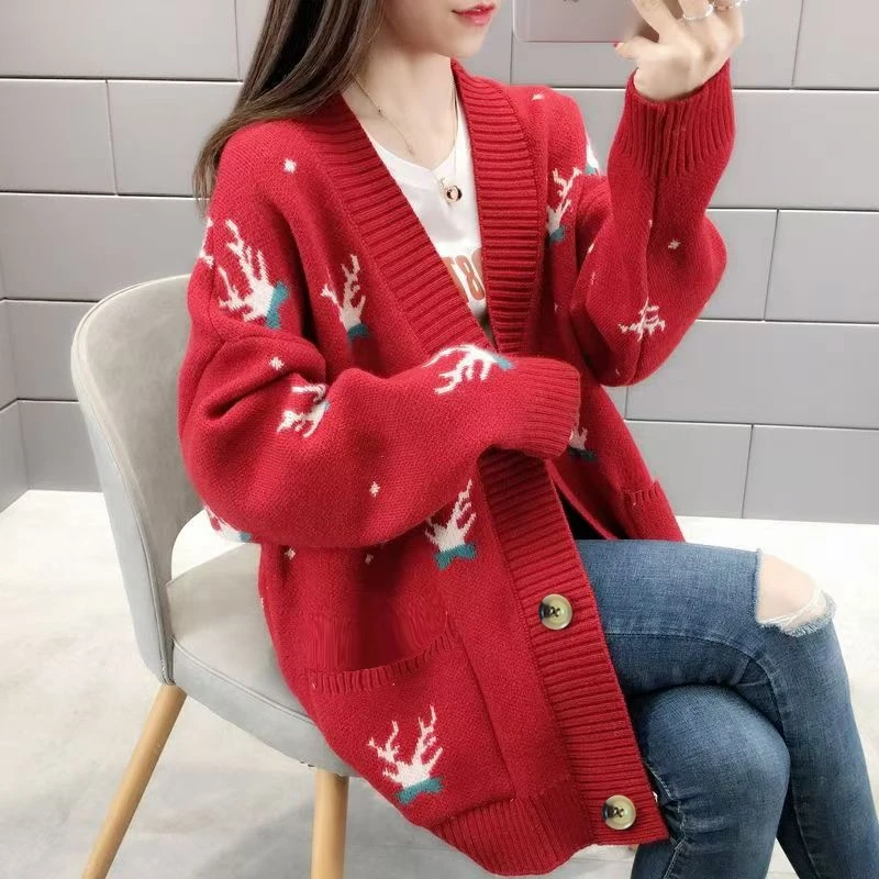 Christmas Deer Knitted Coat Femal Loose Cardigan For Women Long Sleeve Top New Casual Chic Office Lady\'s Sweater Single Breasted