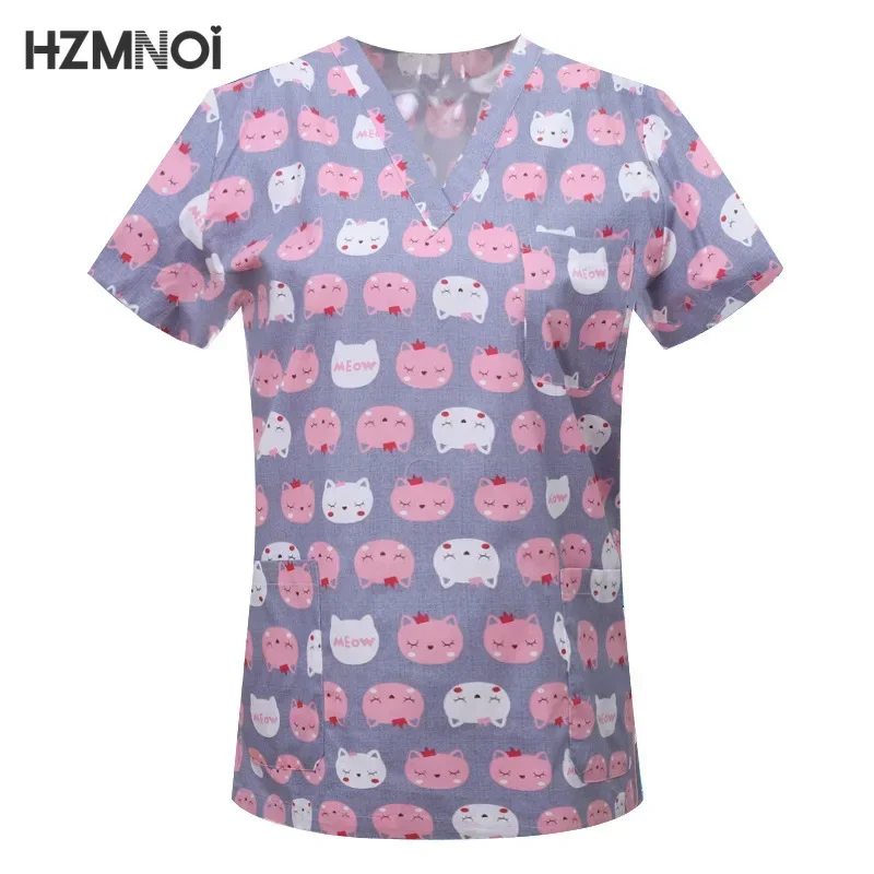 Cartoon Animals Print Pet Clinic Hospital Nursing Scrub Tops Shirts bawełna Stomatologia Lekarz Bluzka Medyczne mundury chirurgiczne