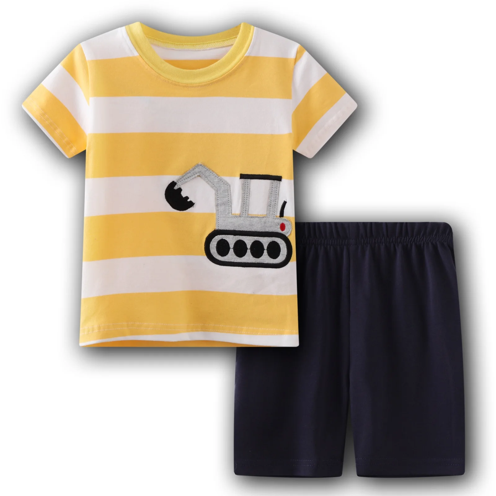 

100% Cotton Grey 2-Pc Baby Boy Pajama Set, Yellow Digger Stripe Print, Newborn Short Sleeve Sleepwear, 2025 New