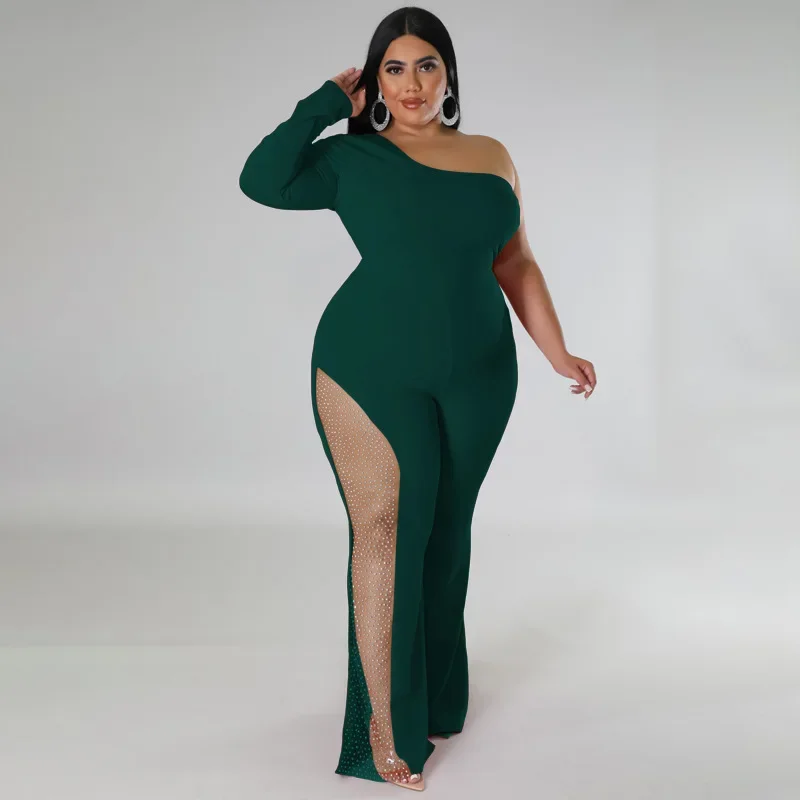 KEXU Plus Size Women One Long Sleeve High Waist Boot Cut Jumpsuit for 2024 Side Sheer Mesh Rhinestone Sexy Party Club Playsuit