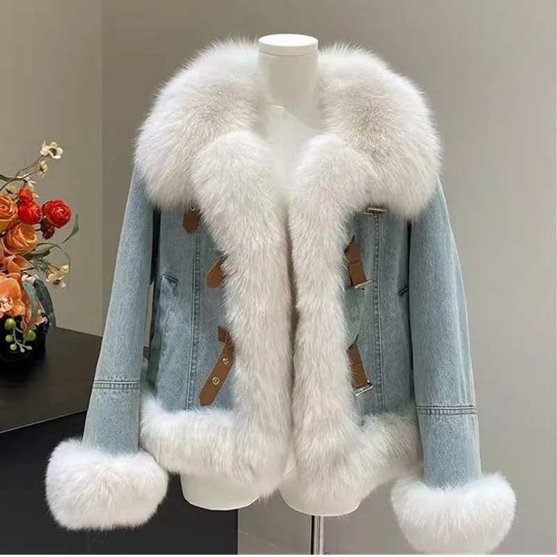

Women Denim Coats Y2k Casual Jackets Squre Collar Long Sleeves Faux Fur Distressed Loose Open Stitch Slight Strech 2026 Autumn