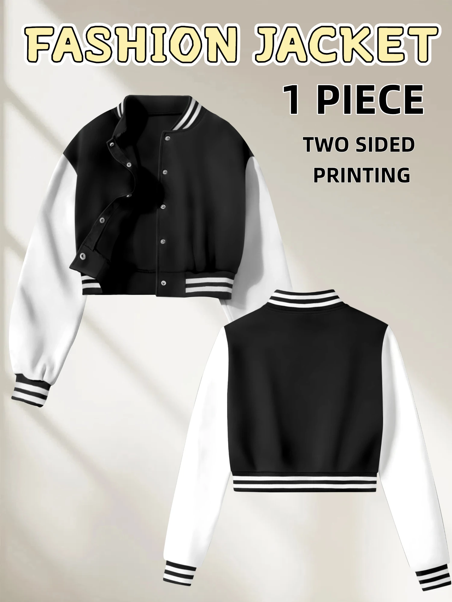 Daily Street Outfit Women Cropped Baseball Varsity Jacket Contrast Patchwork Long Sleeve Striped Trim Button Crop Coat