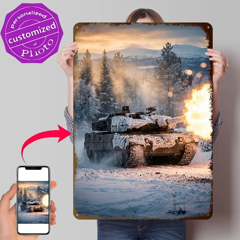 Tank Firing in Snowy Forest Metal Poster Perfect Gift for Fans Lovers Customized Wall Art Metal Sign for Room Decorations Man