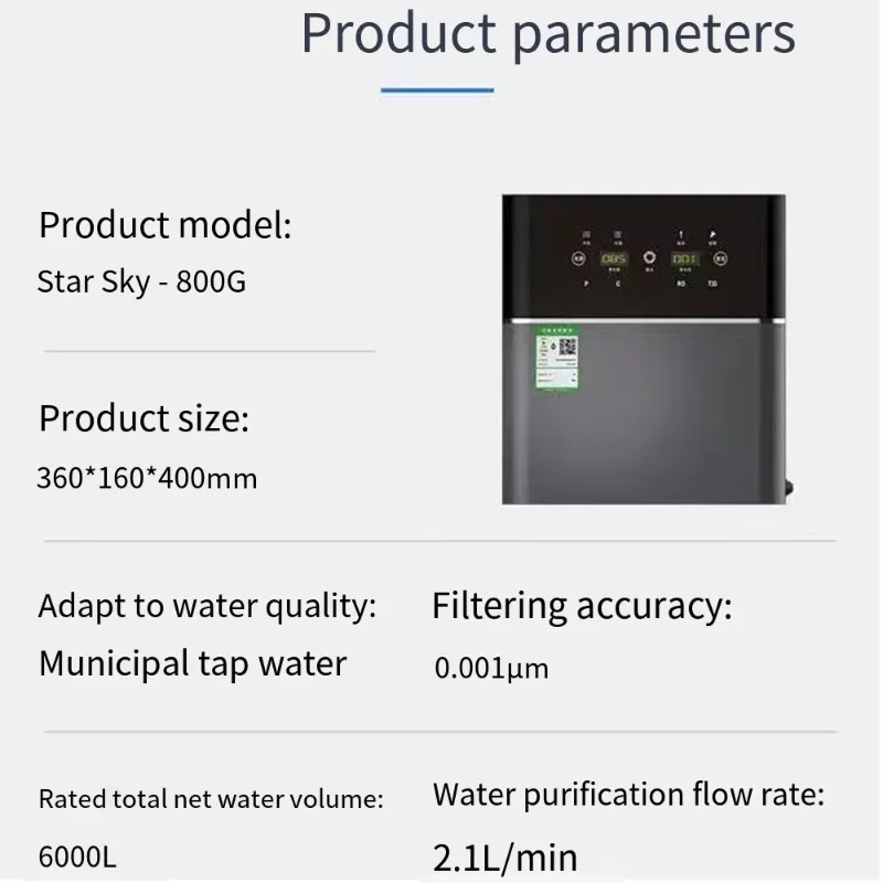 800G Daily RO Water Filtration Intelligent System Fast-Flow Water Filter Without Tank Dual TDS Display for Household Use