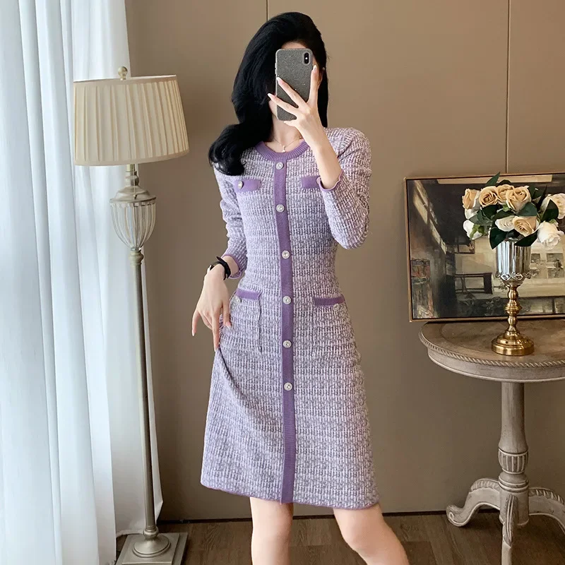 Purple Sweater Dress Women Round Neck Buttons Slim Elastic Short Pullover Knitted Dress Vintage France Style Stretch Tight