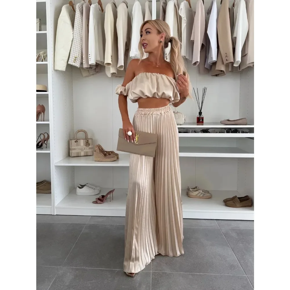 

Women's One Shoulder 2 Piece Set 2025Solid Color Pleated Wide Leg Pants-Crop Top Beach Cover Up for Summer Vacation Street Style