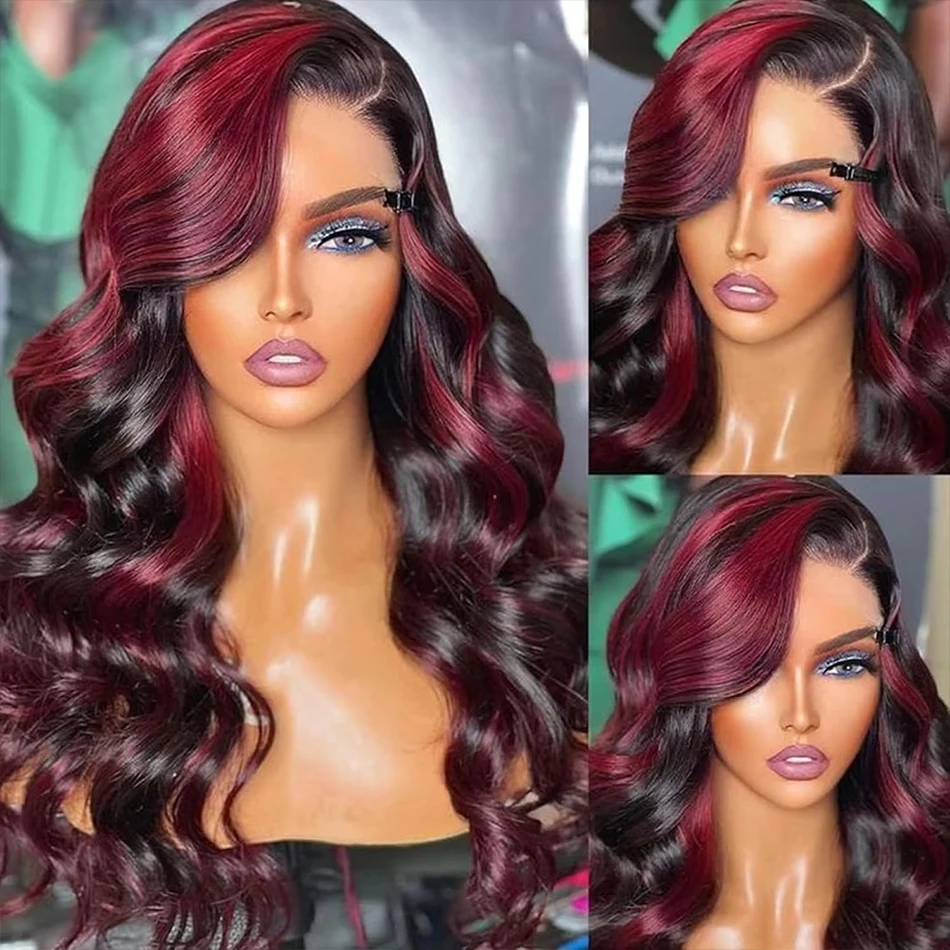 1B/99J أومبير الأسود مع الأحمر تسليط الضوء 5x5 الدانتيل إغلاق الجسم موجة باروكة من شعر طبيعي 30 بوصة ارتداء والذهاب البرازيلي الأحمر غلويليس الباروكات