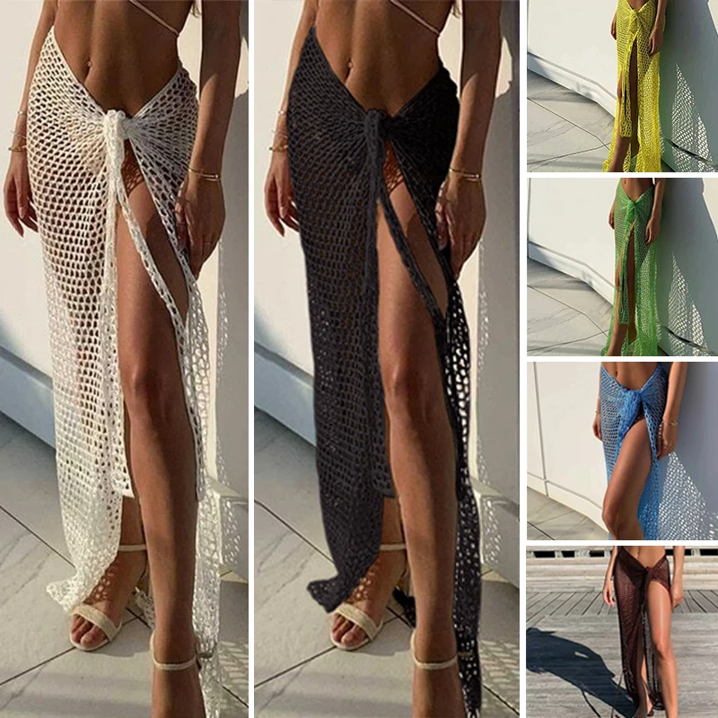 New Arrival Women Knitting Crochet Hollow Out Cover Up Solid Color Beach Dress Sexy Wrap Skirt Binding Rope Beach Wear Sarong