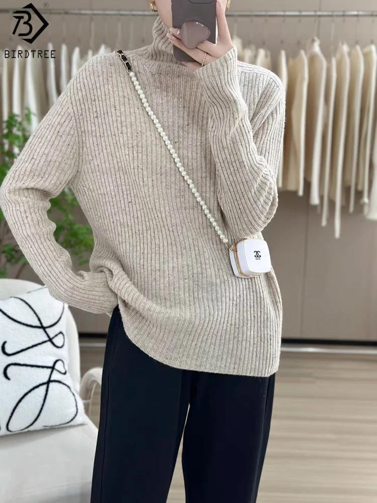 

Birdtree 100% овечья шерсть вязаный свитер из пряжи в горошек, женская майка с ворсовым воротником и длинными рукавами, осенний теплый пуловер 2025 T59628JF