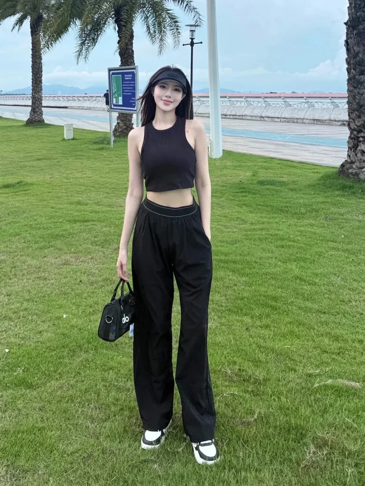 

Летние быстросохнущие спортивные брюки с эластичным поясом, широкие, свободные, длинные, повседневные, легкие, с высокой талией, супер-стройнящие, женские