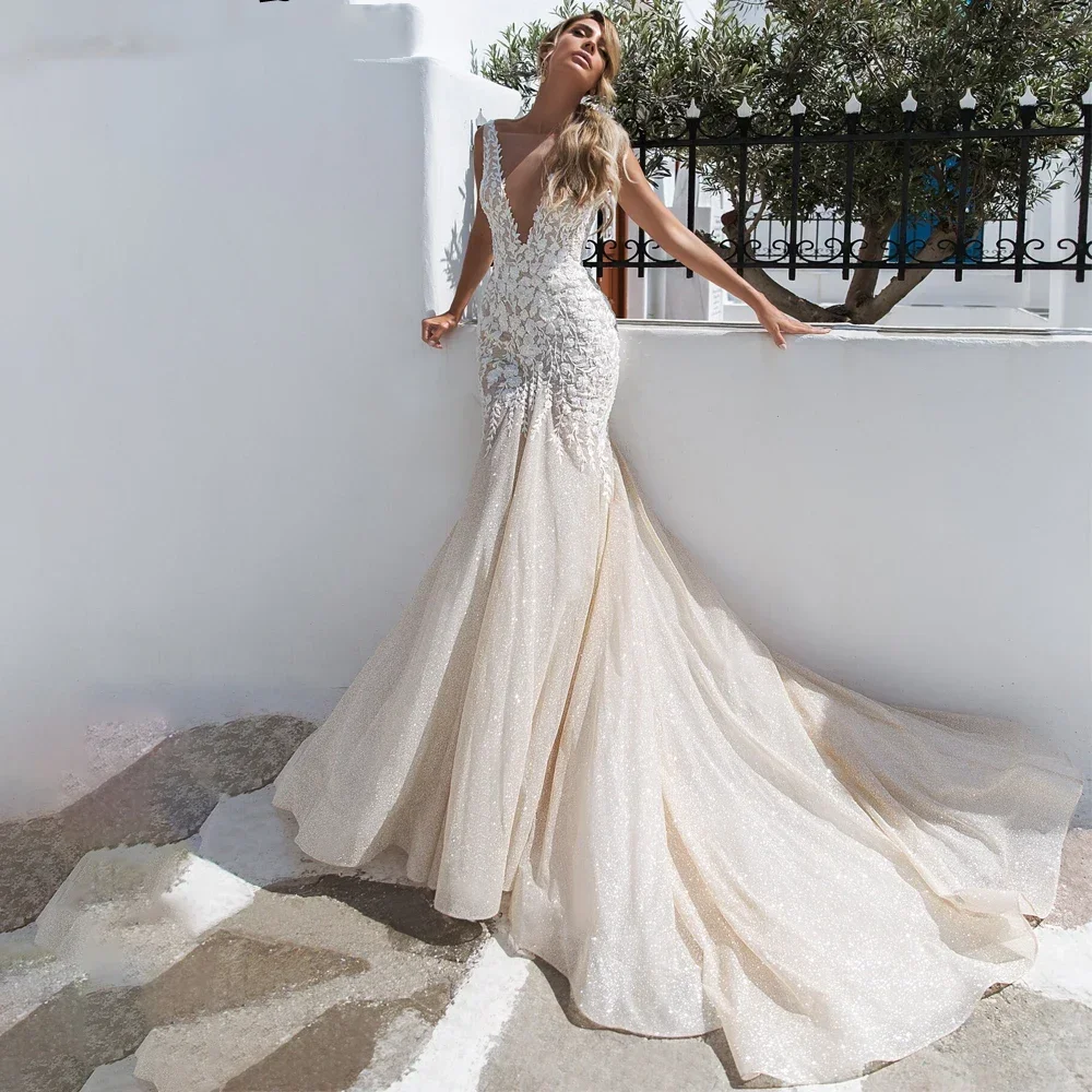 Elegant And Shiny Mermaid Lace Decal Women's Wedding Dress 2026 New Sexy Deep V-Neck Sleeveless Backless Bridal Gown Customized