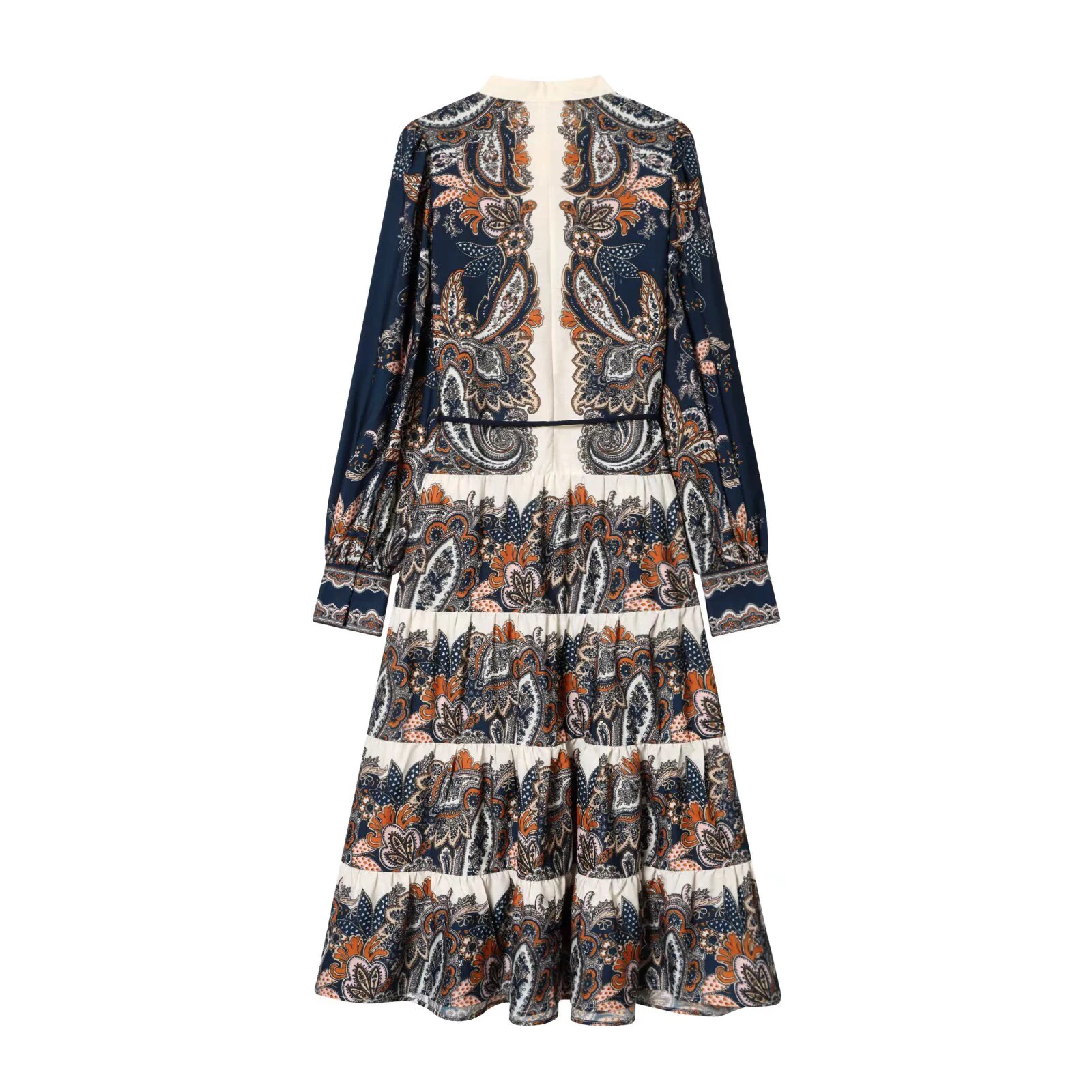 2026 primavera feminino estilo chinês gola alta manga longa impresso em camadas emenda saia larga midi vestido