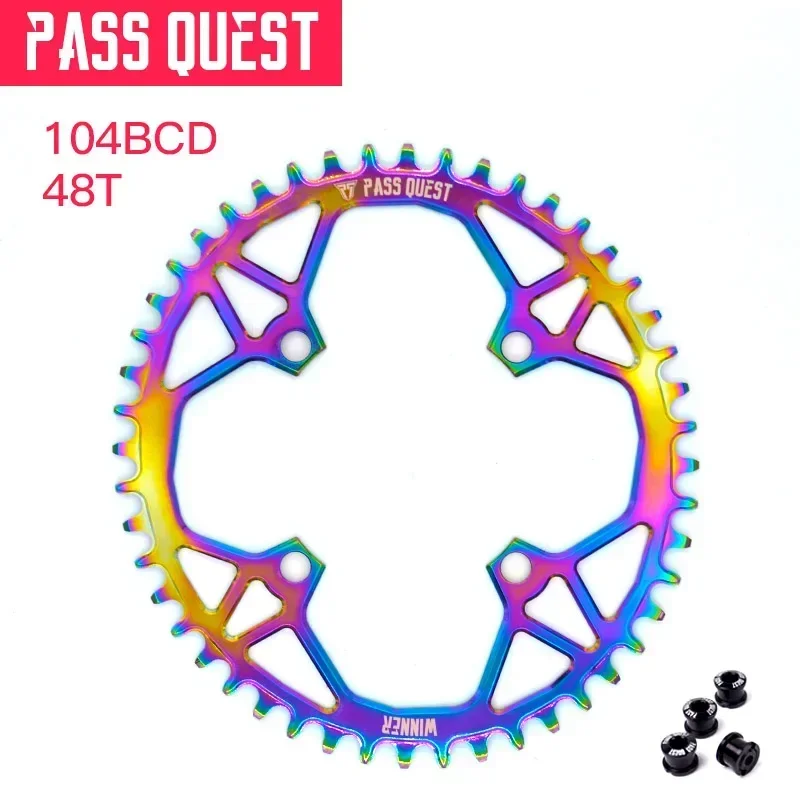 PASS QUEST 104BCD Bicycle Chainwheel Mountain Bike Oval 44 46 48T Aluminum Alloy Titanium-Plated Rainbow Narrow Wide Chainring