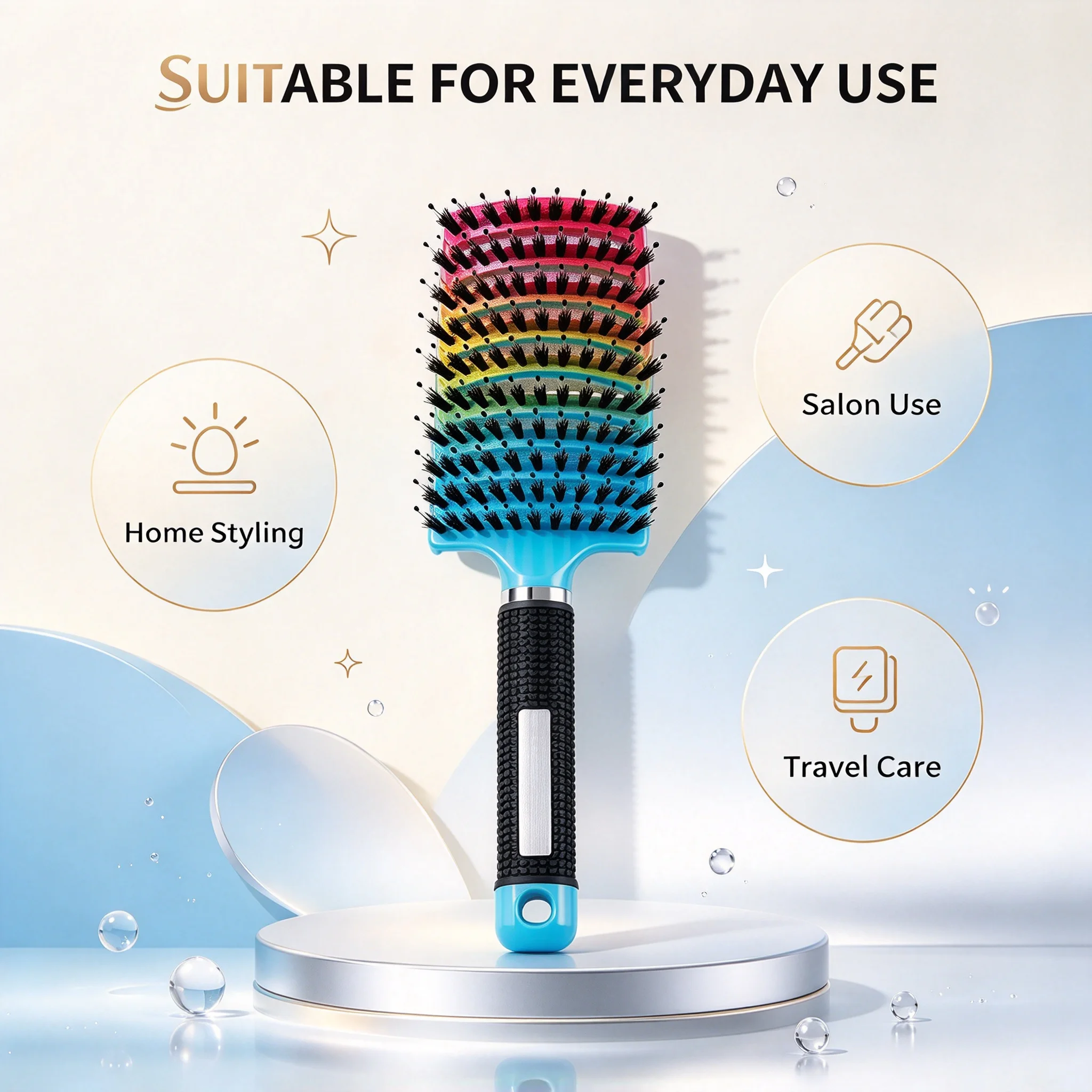 2Pcs Rainbow Bristle Curved Hollow Out Hair Brush Set Non Slip Handle Scalp Massage Detangling Comb For Curly Hair Salon Home Travel