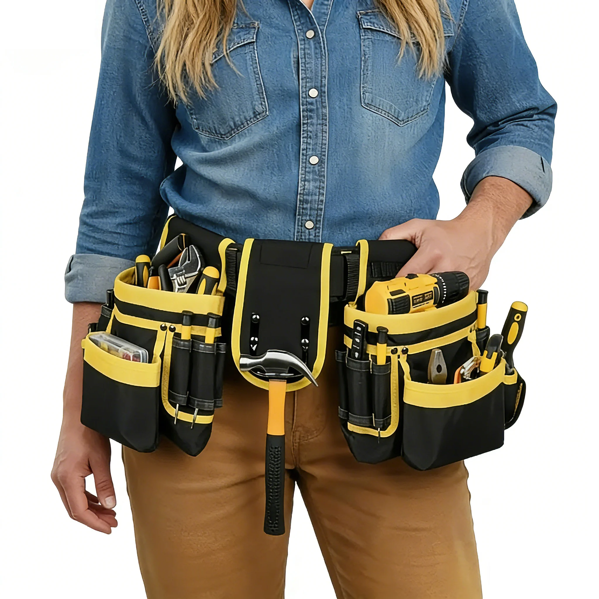 ツールベルトバッグ-ユーティリティベルト-調節可能なポケット付きツールベルト-取り外し可能なワークポーチバッグ-丈夫なウエストエプロン-多用途ポーチ